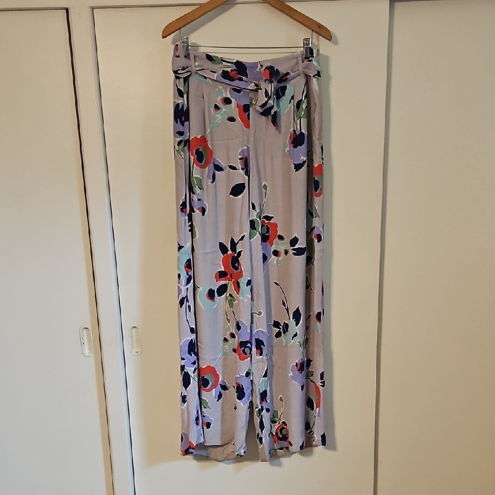 Anthropologie (Elevenses) Gray Wide-Leg Pants, W/ Vibrant Floral Pattern,Size 12
